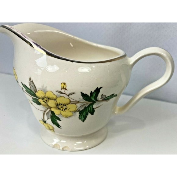 Vintage Knowles Yellow Buttercup China Creamer Pitcher Footed Cup Gold Trim USA - Picture 4 of 11